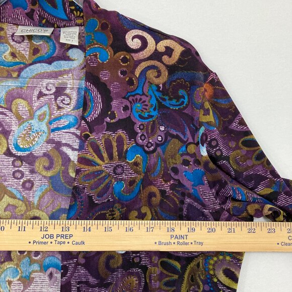 Chico's Travelers size Large/2 Purple Blue Floral Artsy Slinky Knit Open Jacket - Picture 3 of 10